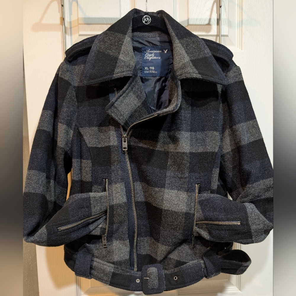 American Eagle Y2K Moto Jacket Zip Plaid Blue